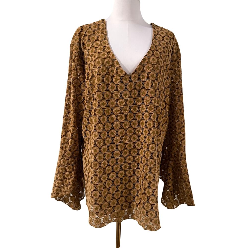 Vintage Bill Blass Brown Crochet Lace Tunic Top Bell Sleeve Boho Hippie 3x 90s